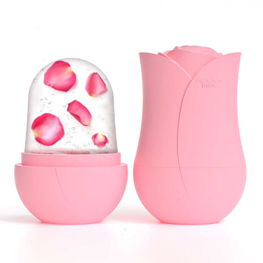 Pink rose-shaped silicone ice roller for face with a matching case and a dome of ice containing pink petals.
