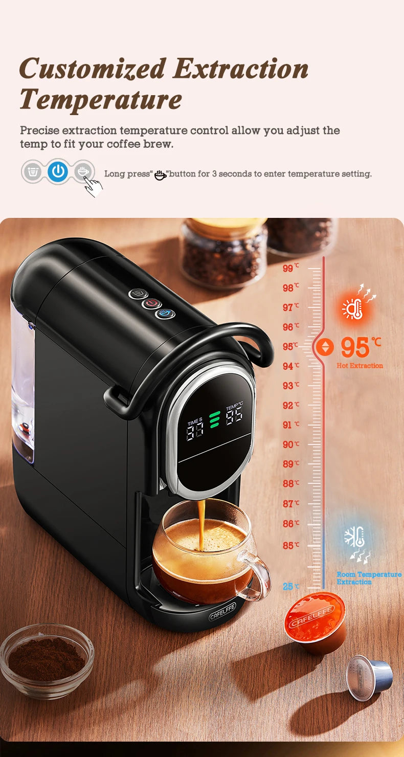Black CAFELFFE capsule coffee maker with digital temperature display and glass cup, brewing espresso on wood table.