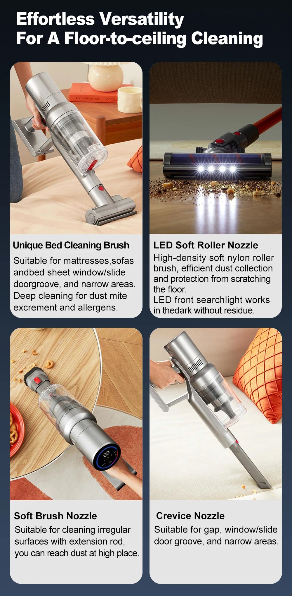 Tidesmit VC205 cordless vacuum showing smart dust sensor and touch screen display for efficient home cleaning