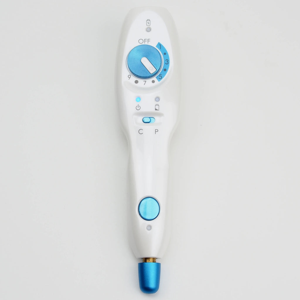 Wireless white and blue Plamax cold plasma fibroblast device for skin tightening, acne, and blemish removal.