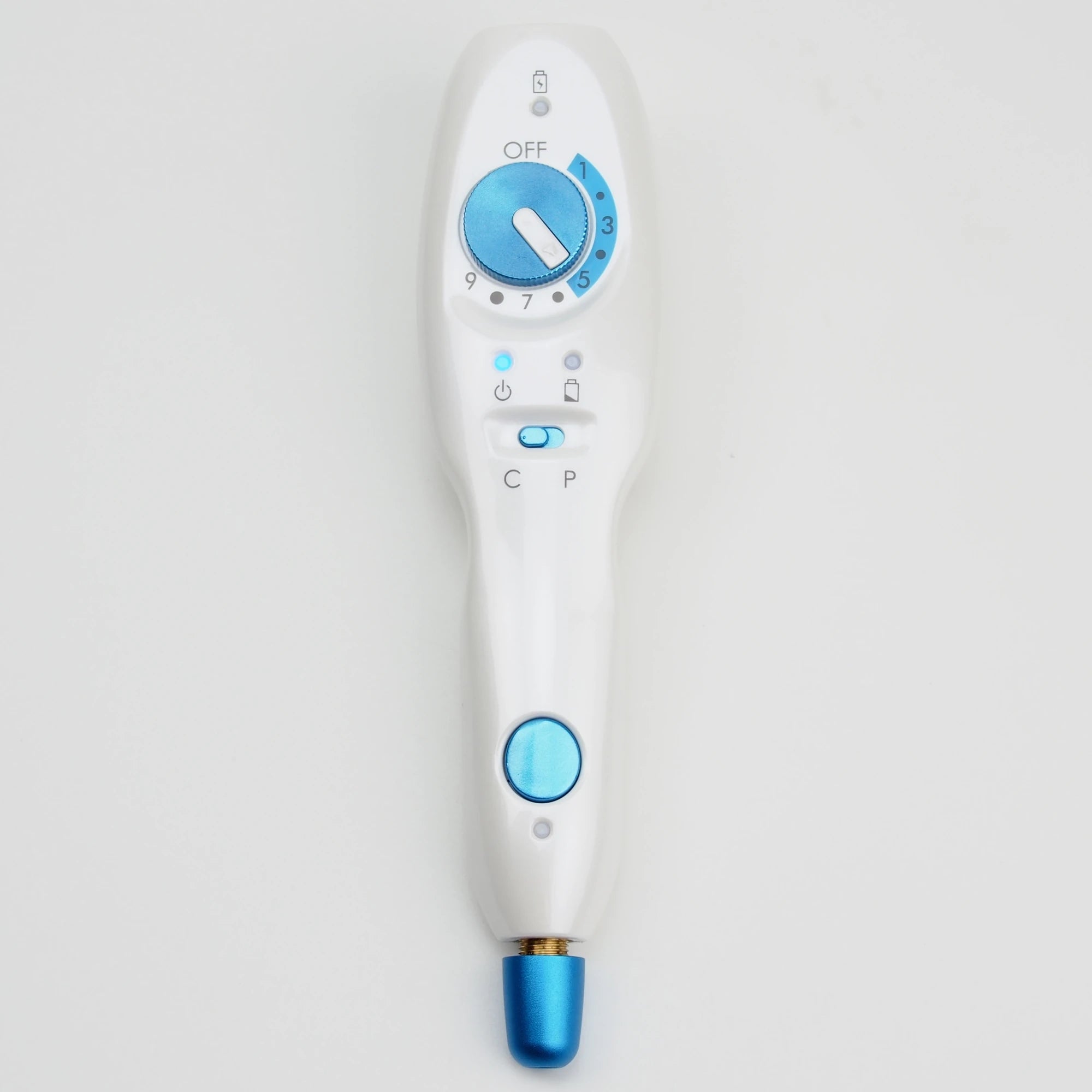 Wireless white and blue Plamax cold plasma fibroblast device for skin tightening, acne, and blemish removal.