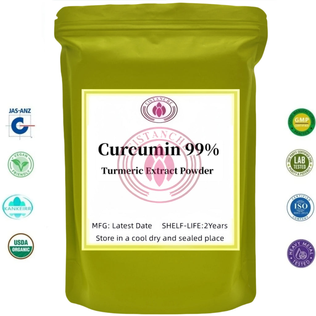 Curcumin 99% turmeric extract powder in a pouch, a natural adaptogen supplement for wellness and health.