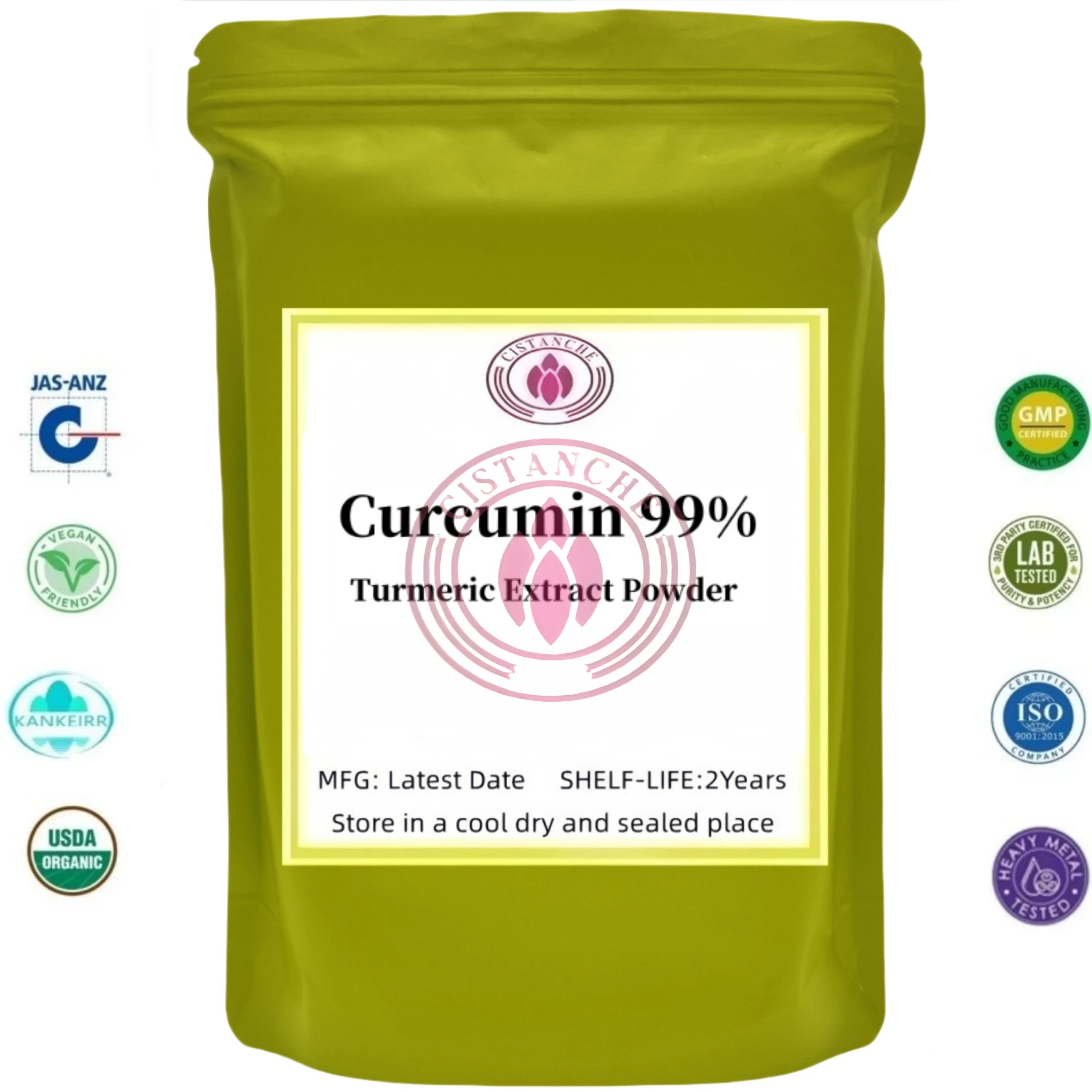 Curcumin 99% turmeric extract powder in a pouch, a natural adaptogen supplement for wellness and health.