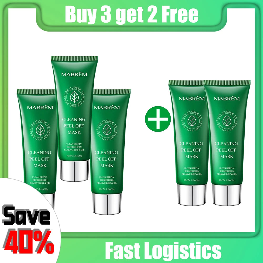 Five green squeeze tubes of MABRÉM deep cleansing peel-off mask, shown as a "Buy 3 get 2 free" promotional offer.