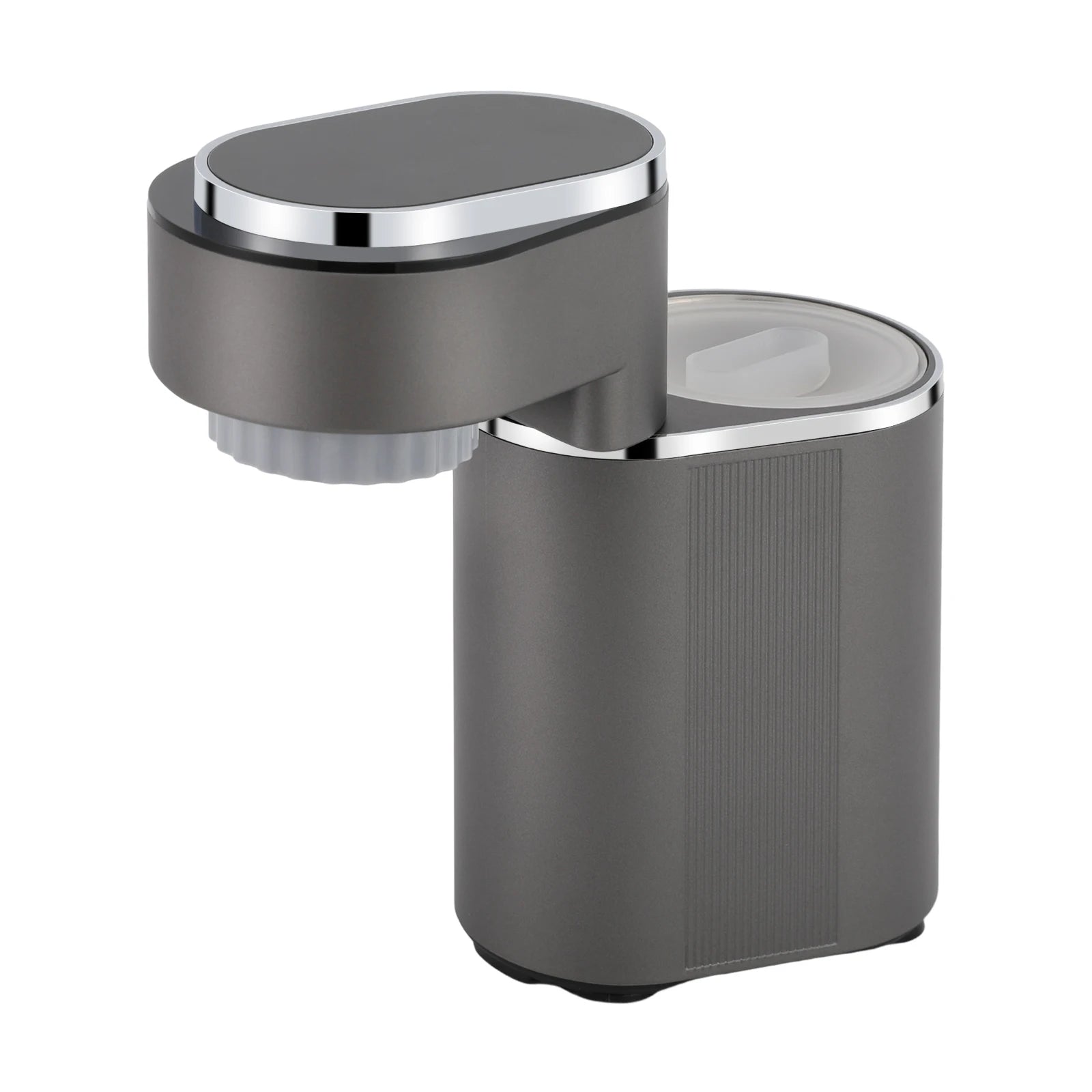 Modern grey electric water dispenser with a swivel spout and chrome accents for kitchen countertop use.