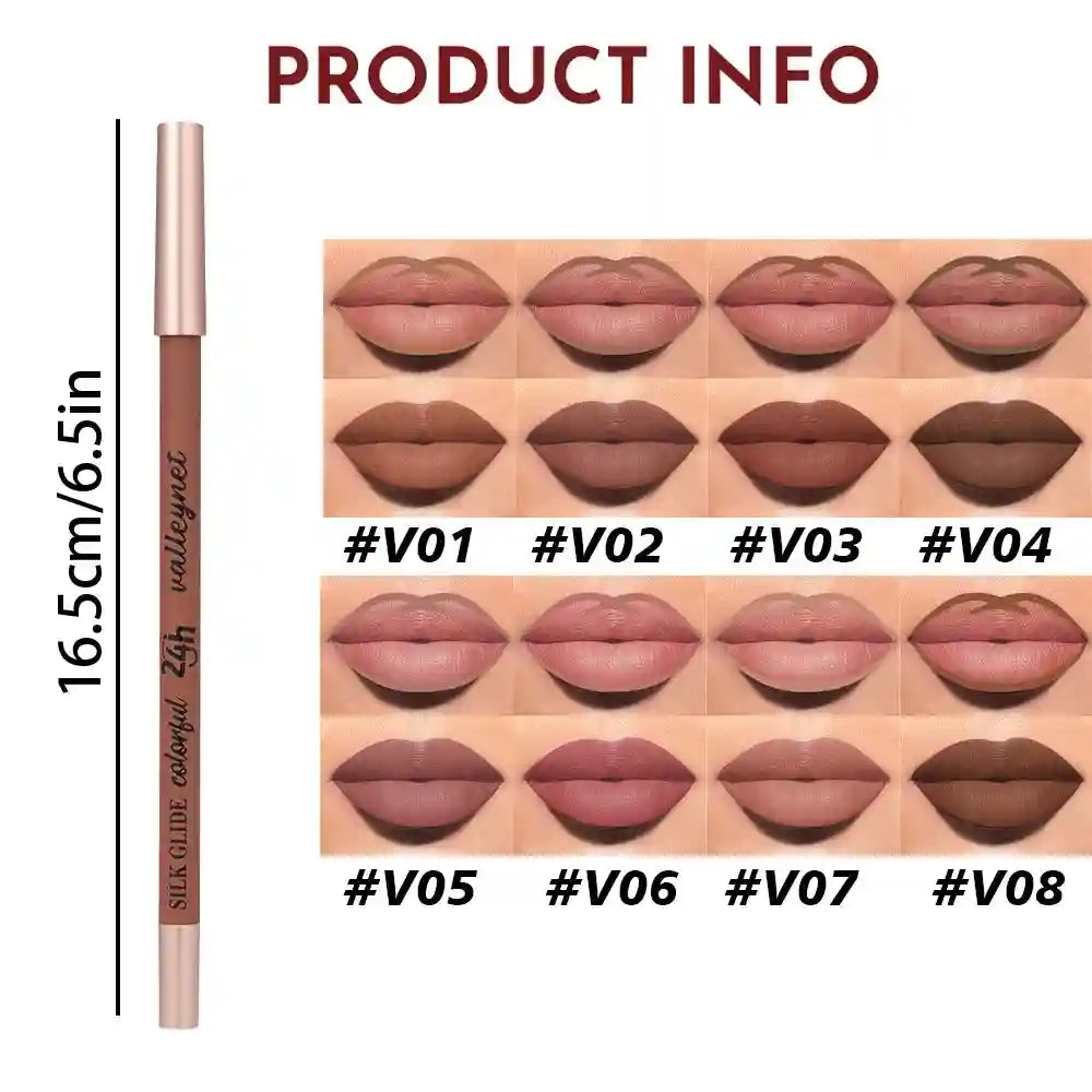 Set of 4 brown matte lip liners. Highly pigmented, long-lasting velvet finish with creamy waterproof formula.