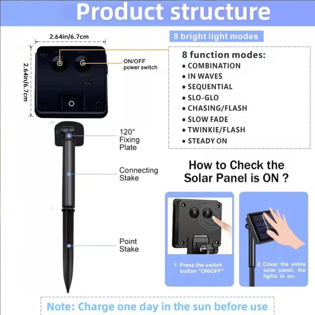 Solar bubble light product structure with on/off switch, stakes, and solar panel