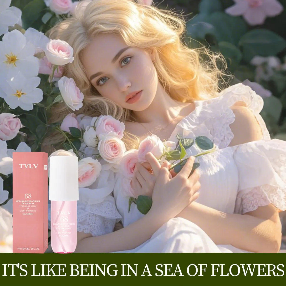 TVLV 68 Ocean Air Sun Musk: Alcohol-free Brazilian long-lasting floral perfume spray in a slim pink cylindrical bottle.