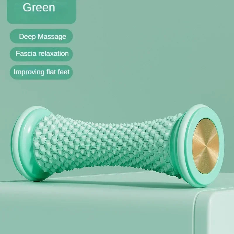 Green textured manual foot massage roller for plantar fasciitis relief, muscle relaxation, and deep tissue therapy.