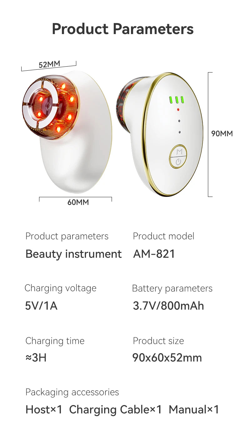 White oval facial sculpting device with gold trim, red LED light head, and dimensions listed in a technical diagram.