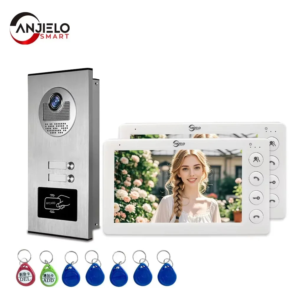 ANJIELO 7-inch 4-cable video door telephone system 2/3/4-unit multi-apartment intercom video doorbell with RFID card unlocking