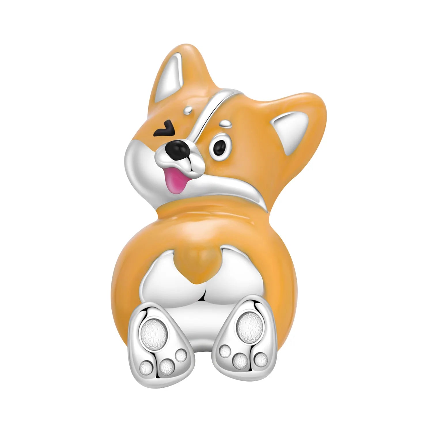 925 Sterling Silver winking Corgi dog charm bead for DIY bracelets, cute pet jewelry gift for dog lovers.