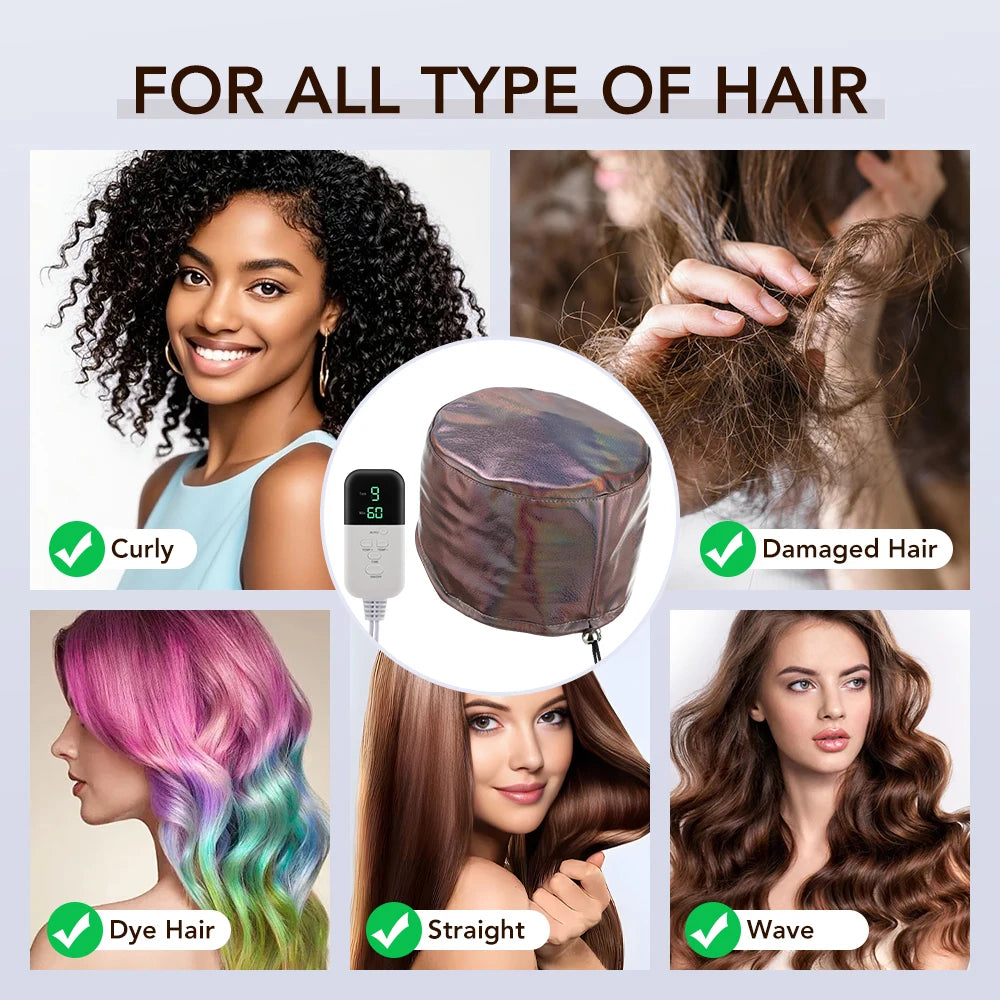 Holographic electric thermal hair steamer cap with digital temp control for deep conditioning all hair types.