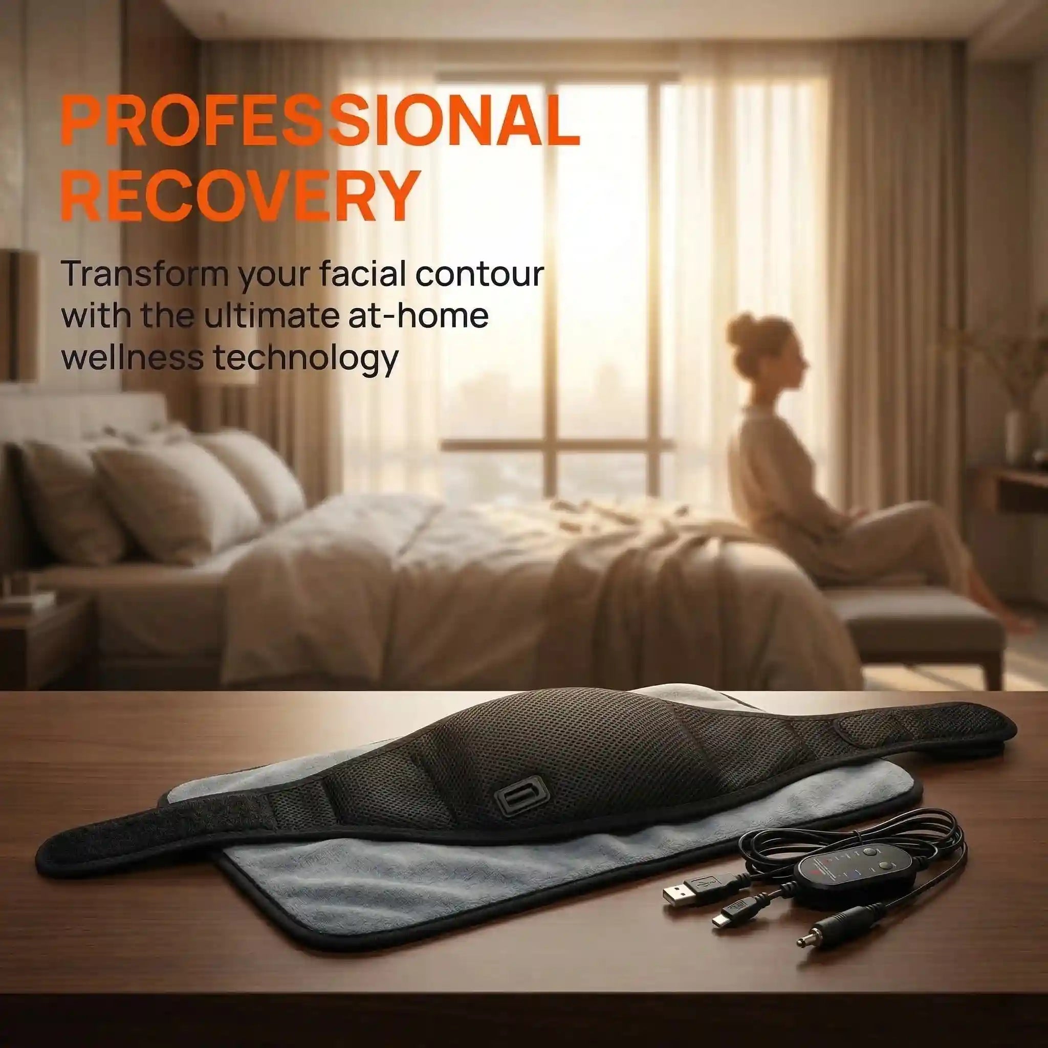 Black mesh heating wrap for TMJ relief with a grey soft lining, USB controller, and adjustable velcro straps.