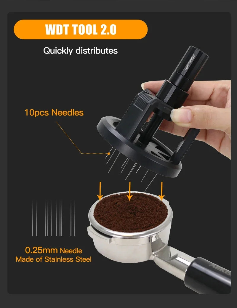 Alikisscafe black WDT tool 2.0 with 10 stainless steel 0.25mm needles for espresso coffee grounds distribution.