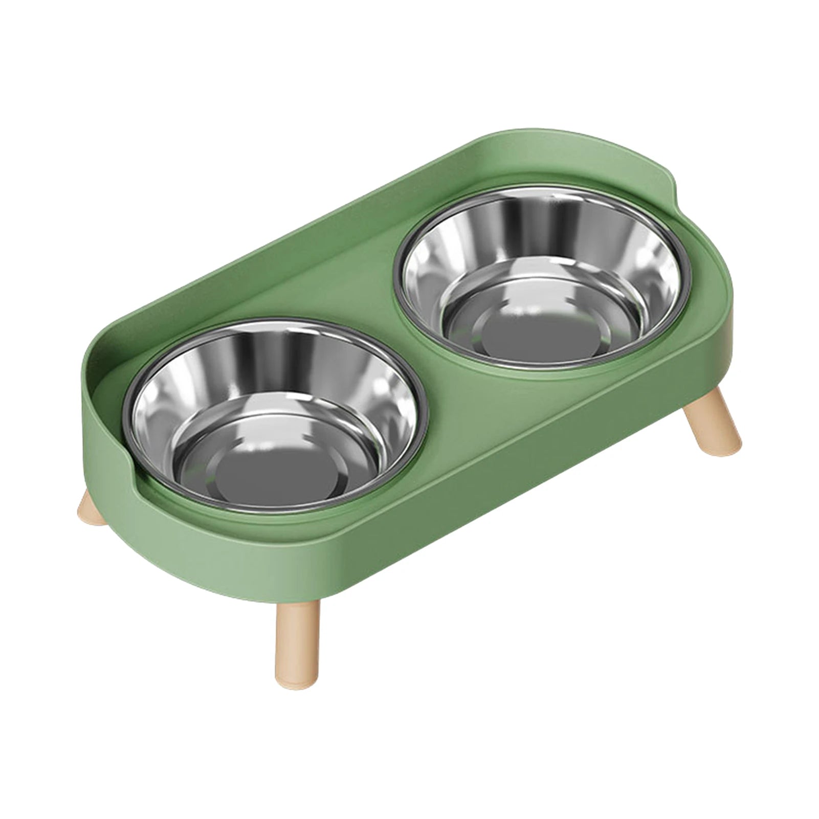 Elevated green dual pet feeder with stainless steel bowls for cervical neck support and anti-slip feeding for cats/dogs.