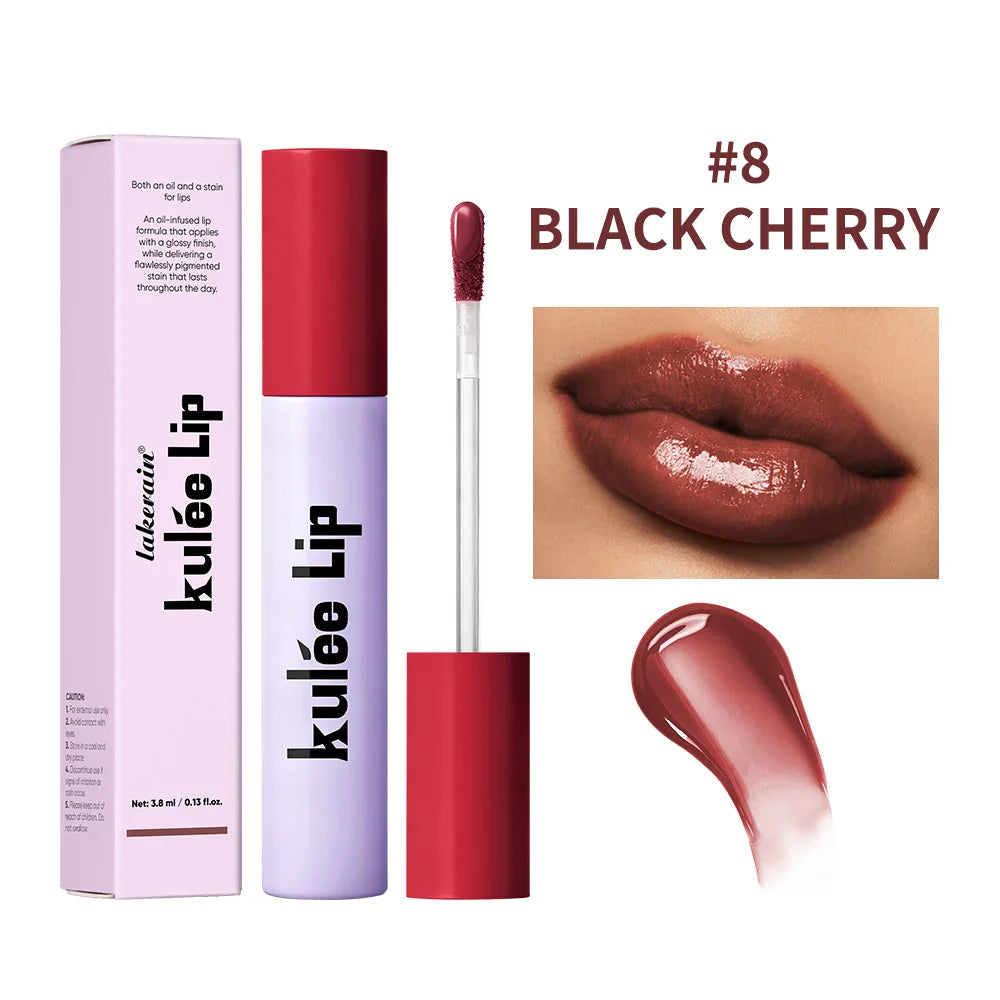 Kulfée Black Cherry Staining Lip Oil: 2-in-1 moisturizing lip gloss stain with a high-shine, non-sticky finish.