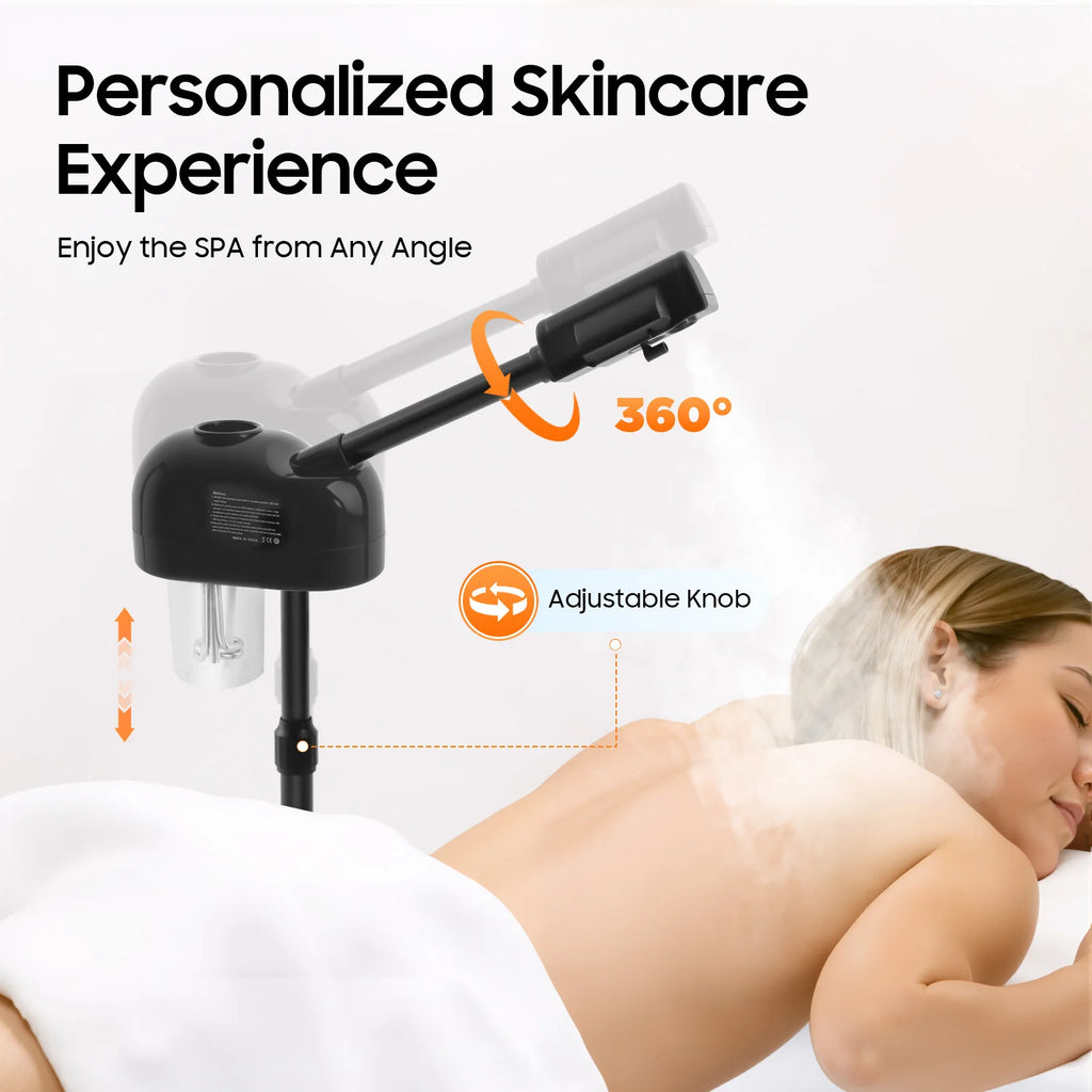Professional 750ml adjustable facial steamer with 360-degree rotating nozzle for salon spa skin care treatments.