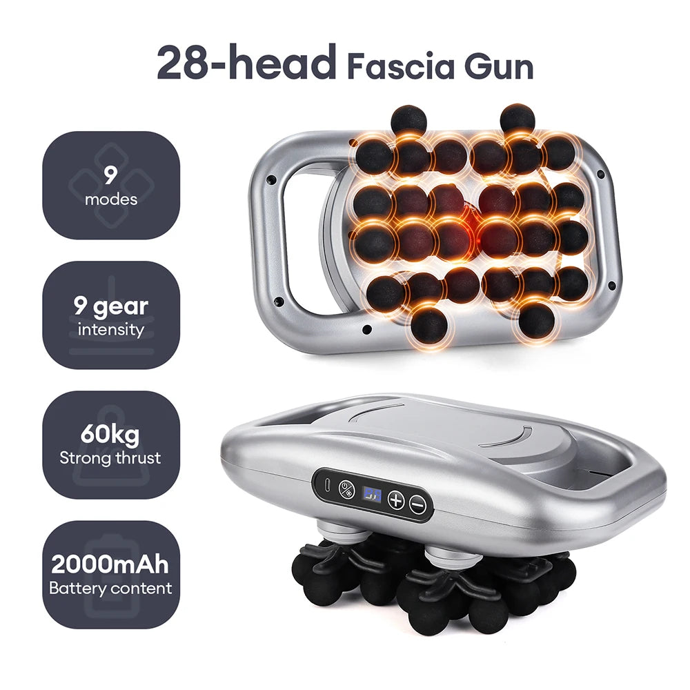 Silver handheld fascia massage gun with 28 black spherical massage heads, control buttons, and 9 intensity settings.