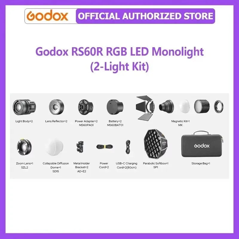 RS60R RGB LED monolight 2-light kit with various black metal light heads, lenses, softbox, accessories, and carry bag.