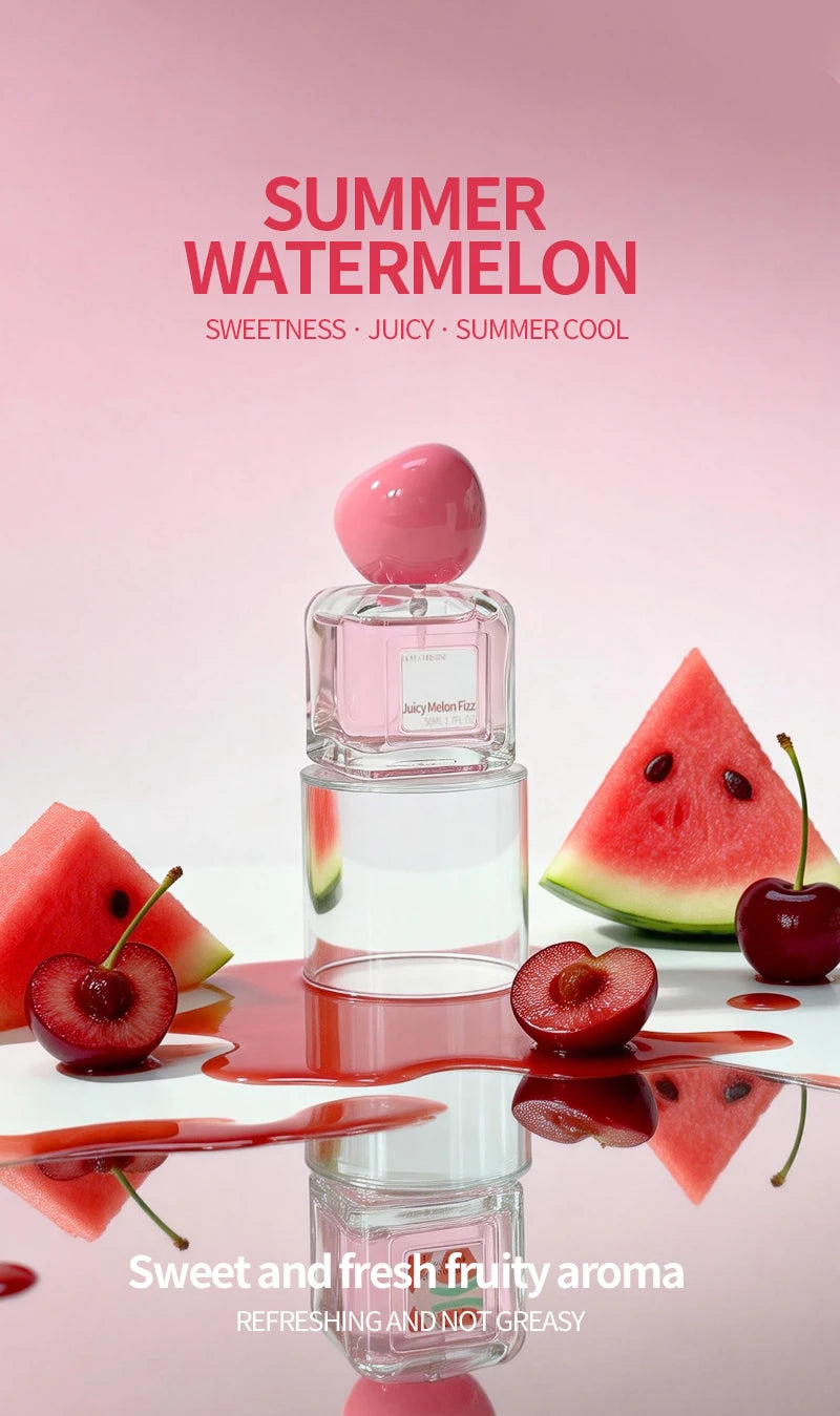 Marcas Originales Juicy Melon Fizz women's perfume. Pink pebble cap, square bottle, watermelon-scented summer fresh EDP.