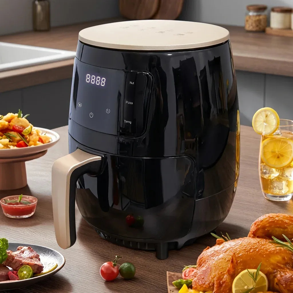 Black air fryer with cream handle and glossy lid, showing LED display on front
