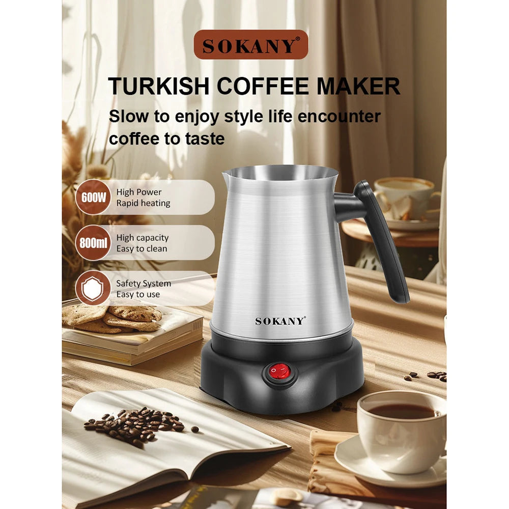 Sokany 800ml stainless steel electric Turkish coffee maker with black base, 600W rapid heating, and safety system.