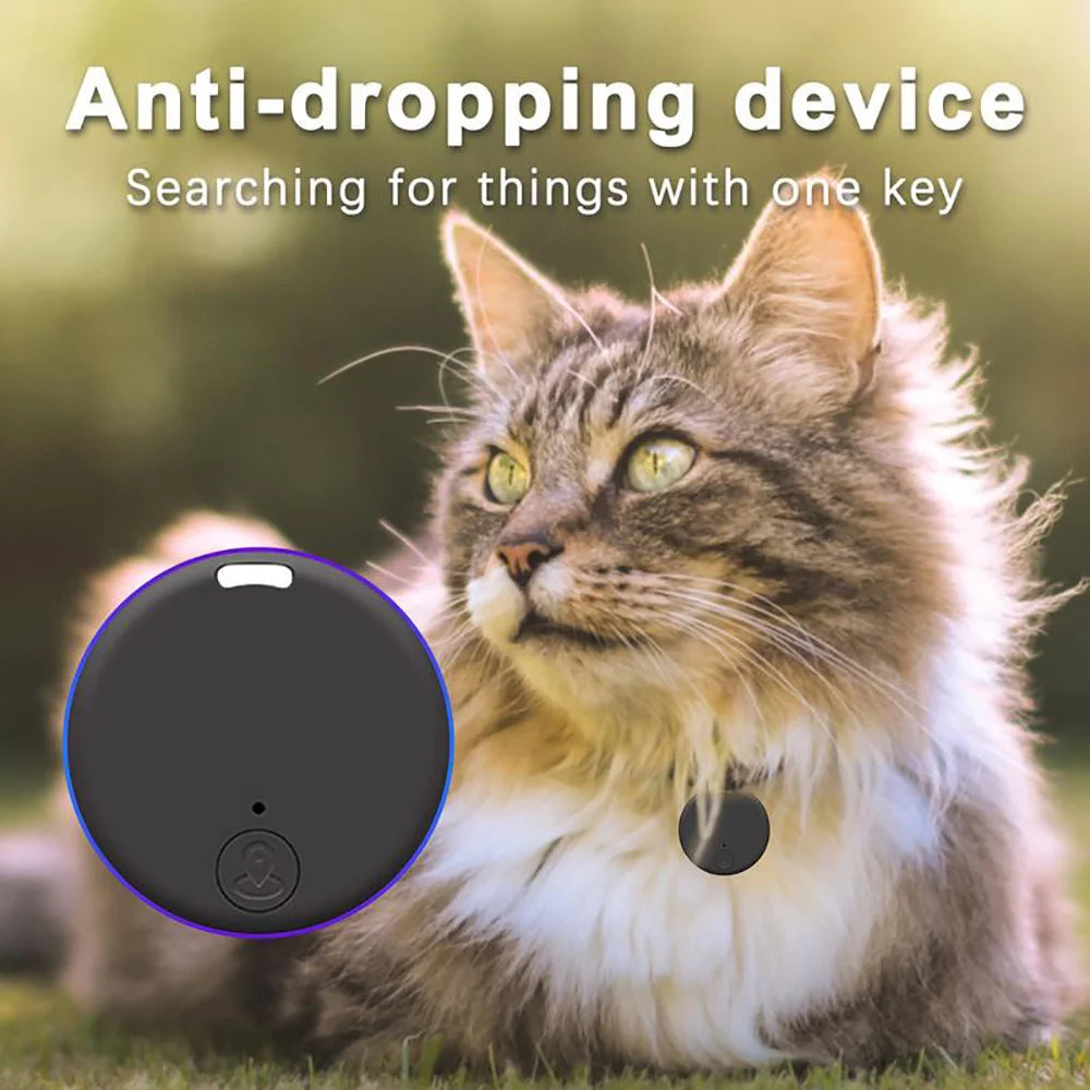 Mini black Bluetooth GPS tracker on cat collar for easy pet location tracking and anti-lost safety.