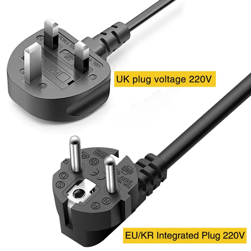 7-in-1 high-speed ionic hair dryer power cords with UK and EU/KR 220V integrated plugs for global travel versatility.