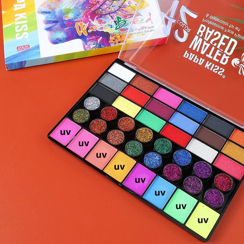 Tidesmit 42 color water soluble face body paint set showing vibrant neon pigment swatches for festival makeup