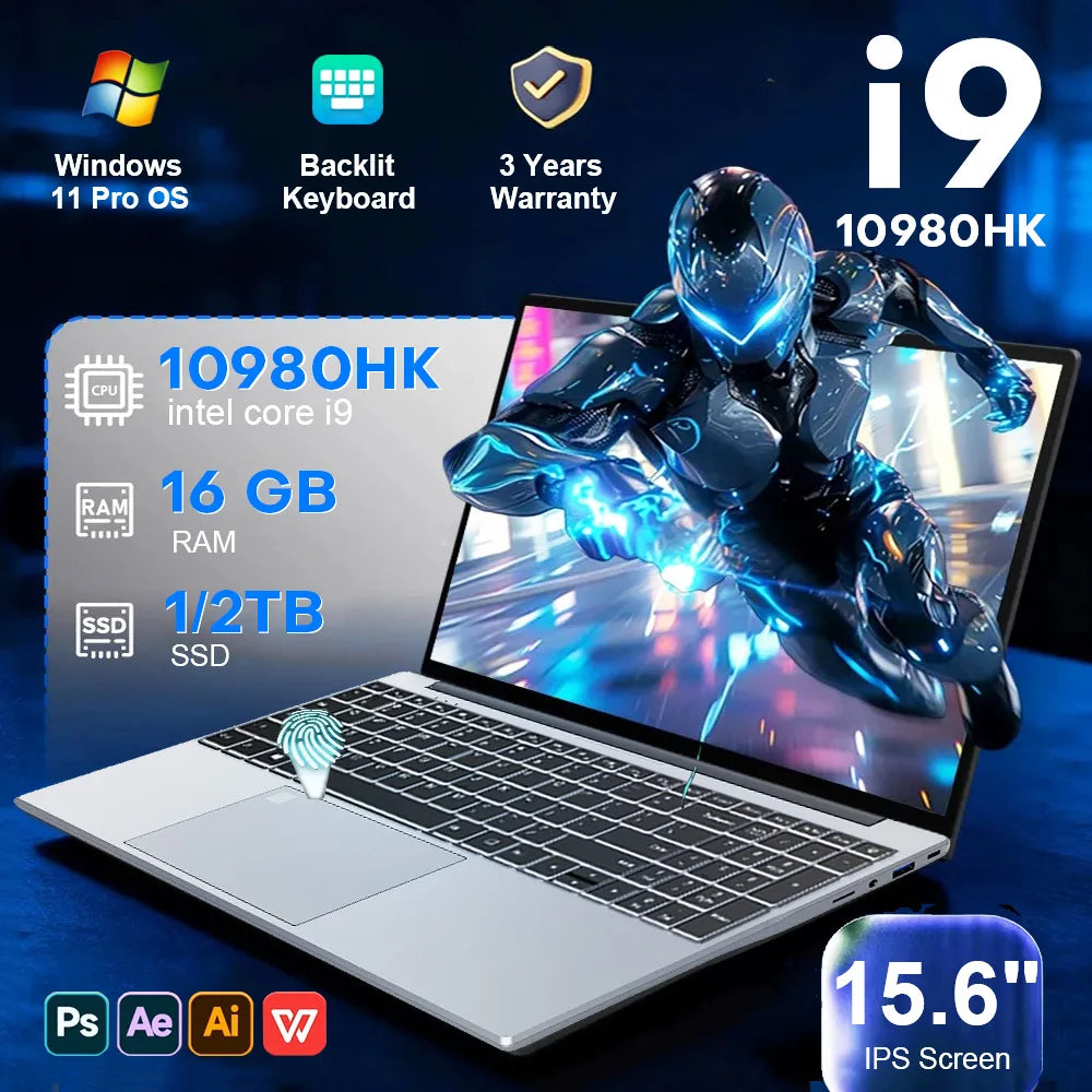 New 15.6" Intel Core i9 10980HK Gaming laptop Windows 11 PC Gamer 16GB RAM 1TB SSD Fingerprint Unlock Backlight Office Computer