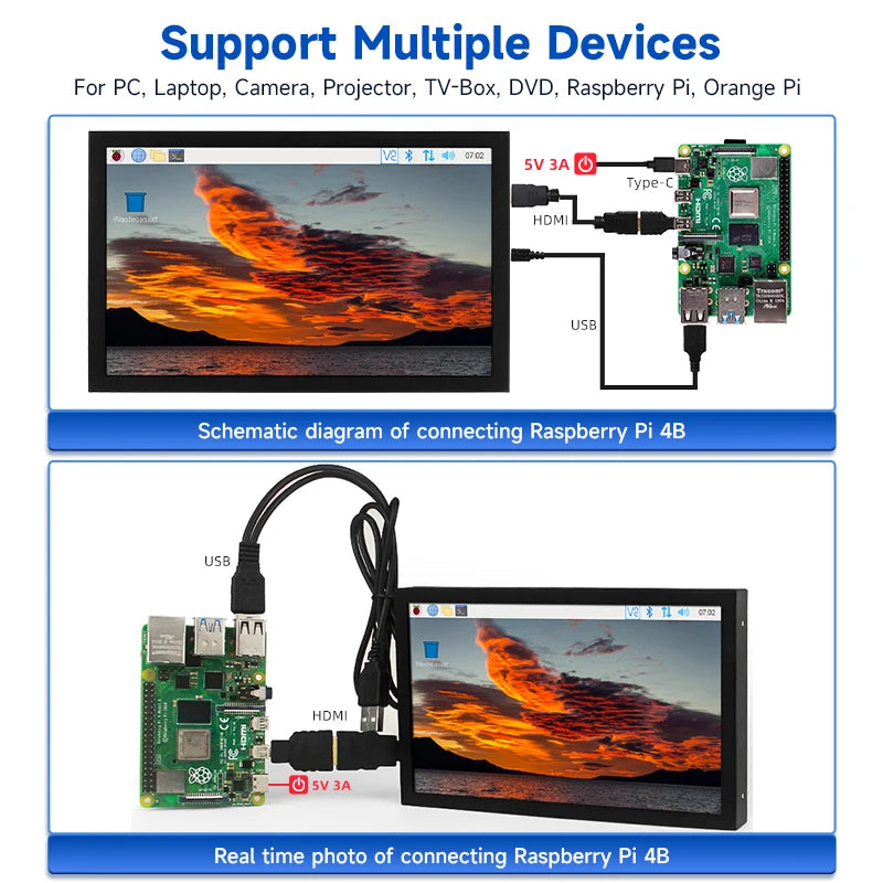 7 Inch IPS Screen Portable Monitor 1024x600 HDMI-compatible VGA AV Input DC Type C Power LCD for PC Laptop Camera TV Box RPi