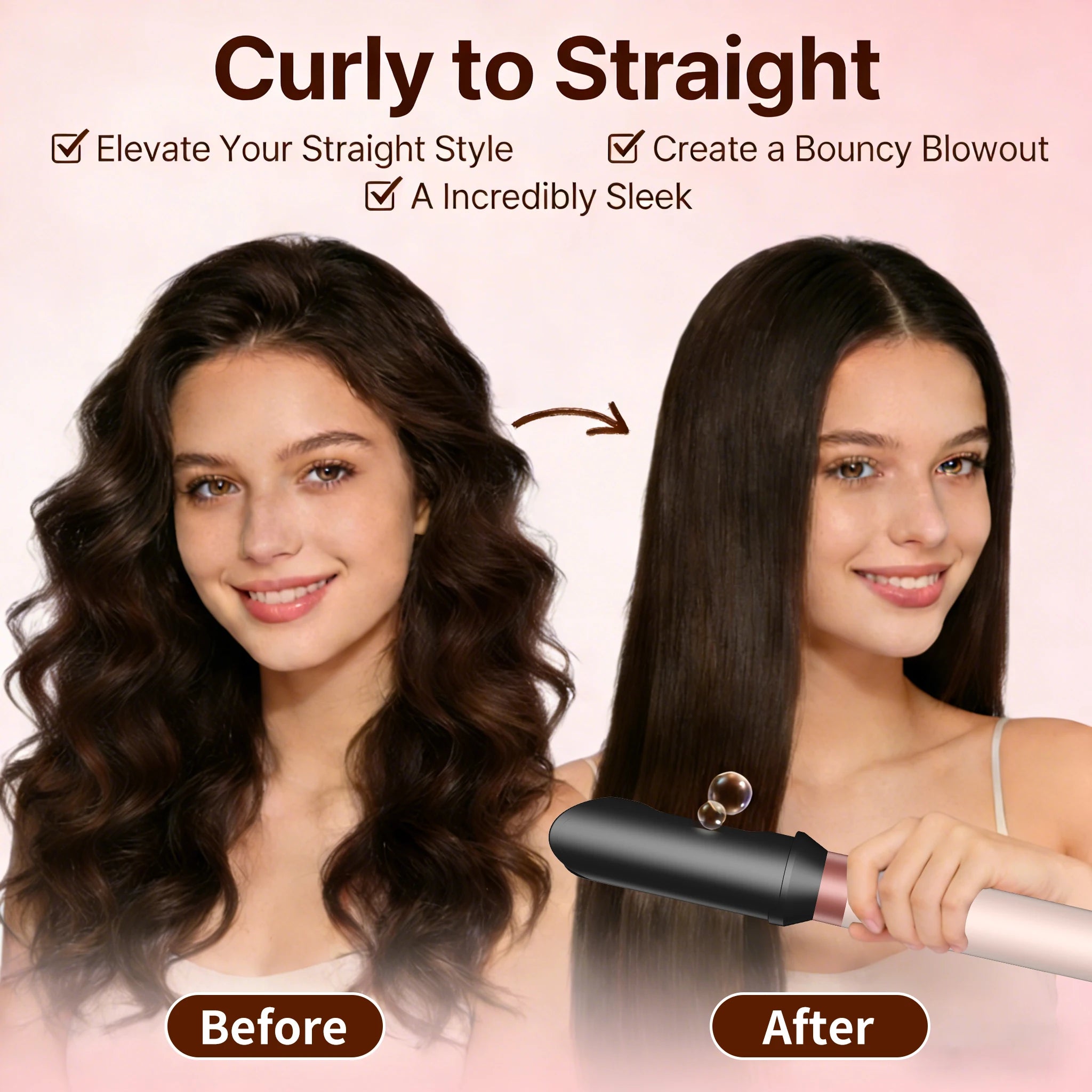 SenCiciMen 6-in-1 hair styler tool transforming wavy hair to sleek straight style using negative ion hot air brush.