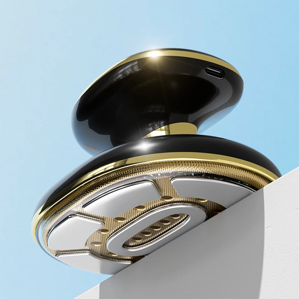 Black and gold cordless 4-in-1 EMS RF body slimming massager and cellulite remover device with metal treatment head.
