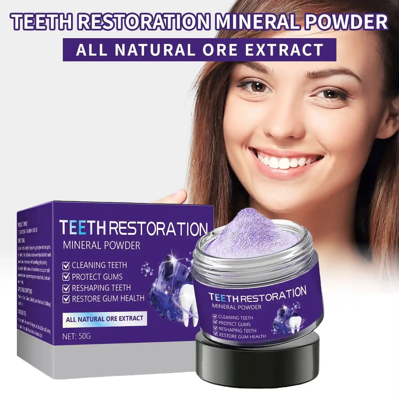 Tidesmit purple mineral tooth powder for enamel-safe teeth whitening, tartar removal, and gum care.