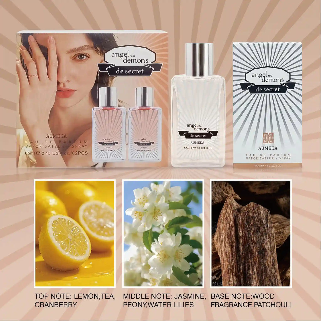Angel eu Demons de Secret perfume gift set with glass bottles, spray caps, and lemon, jasmine, and wood notes.