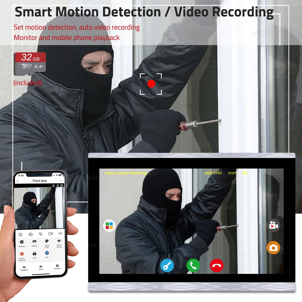 1080P 10.1 Inch Touch Screen Wifi Video Doorbell, Smart Home Video Intercom 32G Card Rceord Kit Works with Tuya ID Unlcok 4-Wire