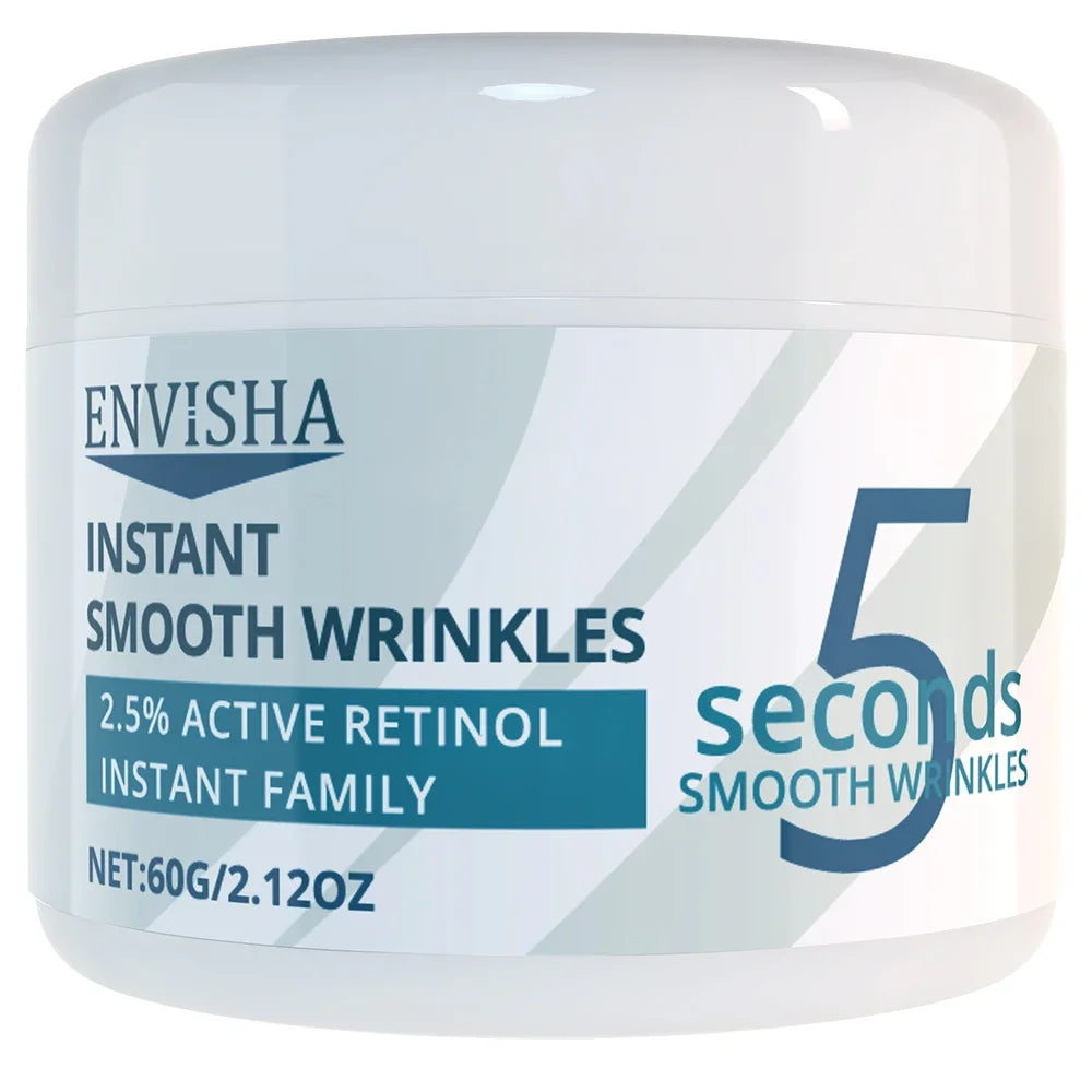 White, cylindrical 60g jar of Envisha anti-aging cream with blue label text featuring "5 seconds smooth wrinkles."