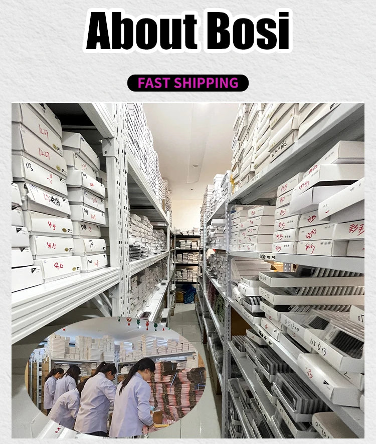 Warehouse shelves stocked with boxes of ABONNIE premade volume eyelash extension trays and staff working.