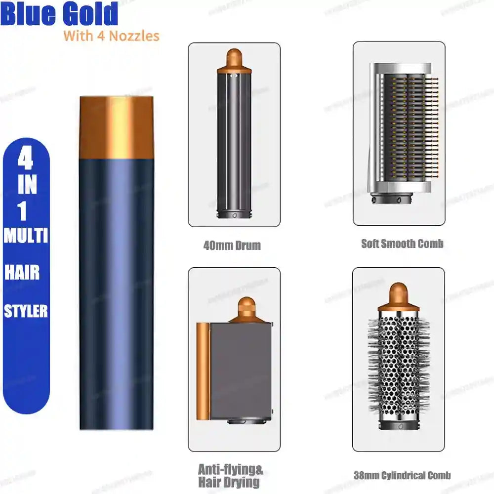Blue-gold 4-in-1 multi hair styler set with curling barrel, smoothing brush, dryer nozzle, and volumizing comb.