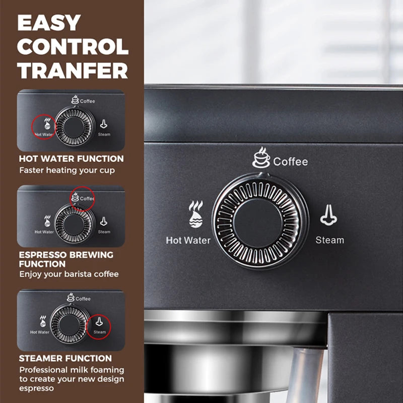 Black espresso machine control dial showing settings for coffee, hot water, and steam functions for easy brewing.