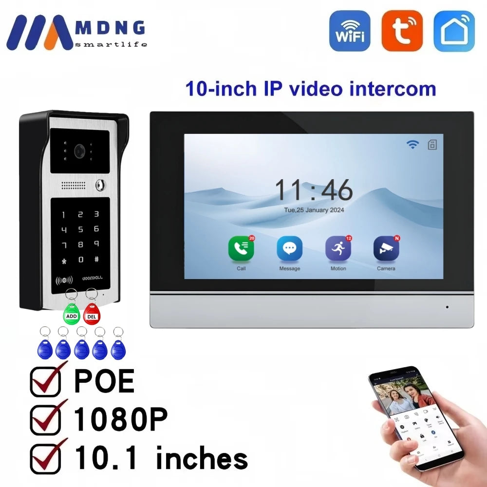 TUYA 1080P 10 Inch Video Intercom Touch Screen Wireless WiFi POE Wired Doorbell RFID Access Control Night Vision Waterproof