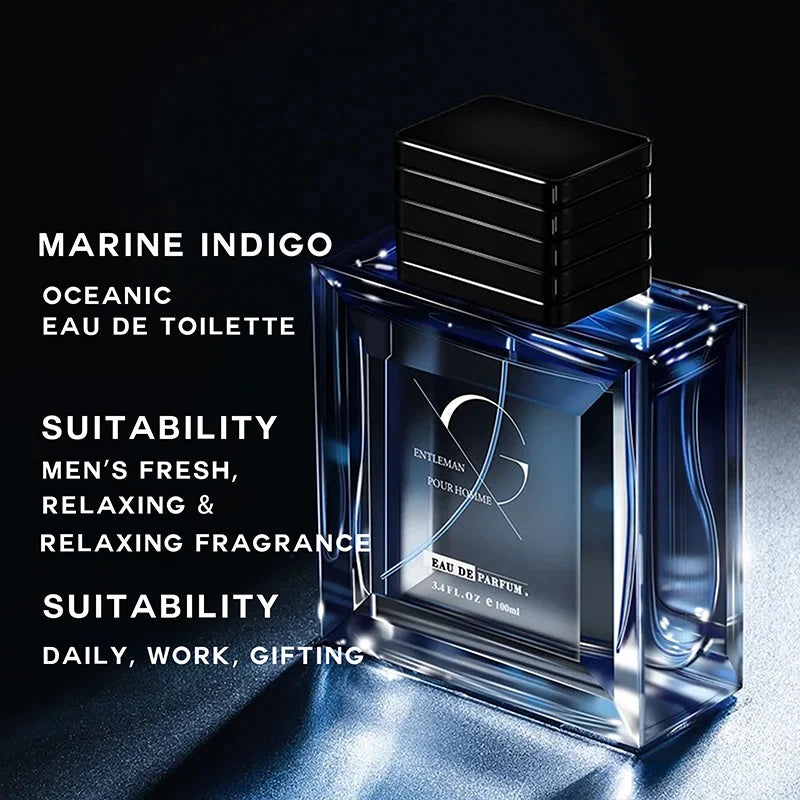 Entleman Intense Pour Homme: Oceanic woody aromatic EDP 100ml for men in a sleek rectangular blue glass bottle.