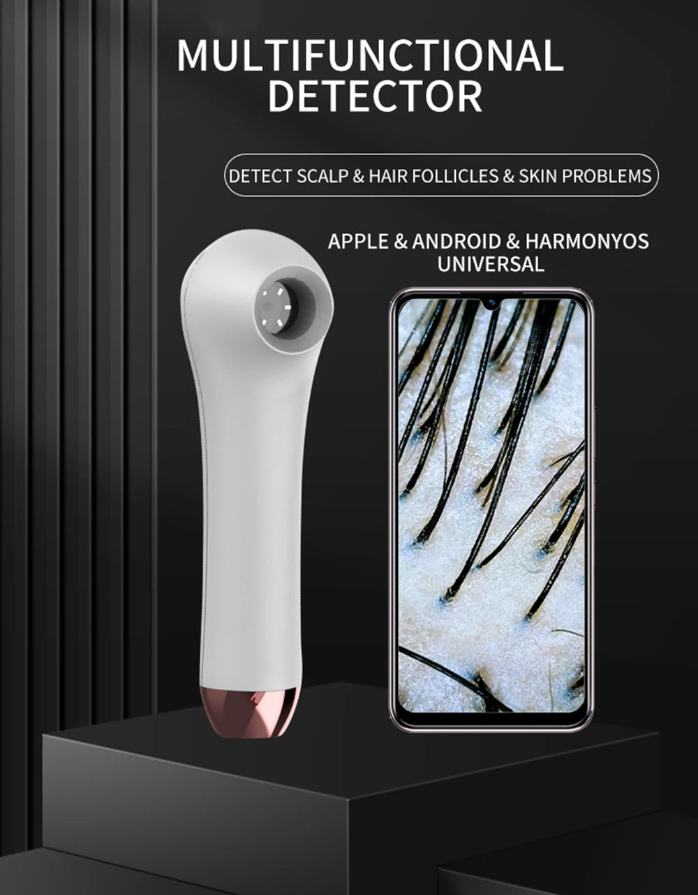 White HD scalp and hair follicle analyzer device with phone screen showing magnified skin and hair analysis results.