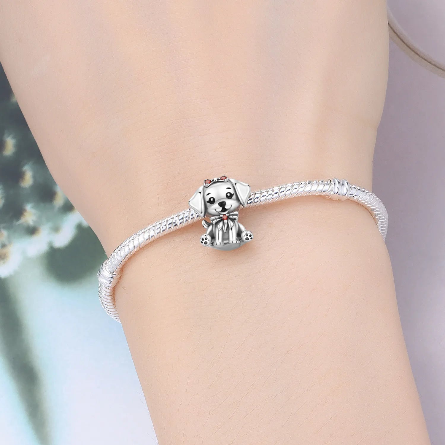 Cute dog charm in 925 sterling silver on a bracelet, perfect for pet lovers and DIY jewelry gift designs.