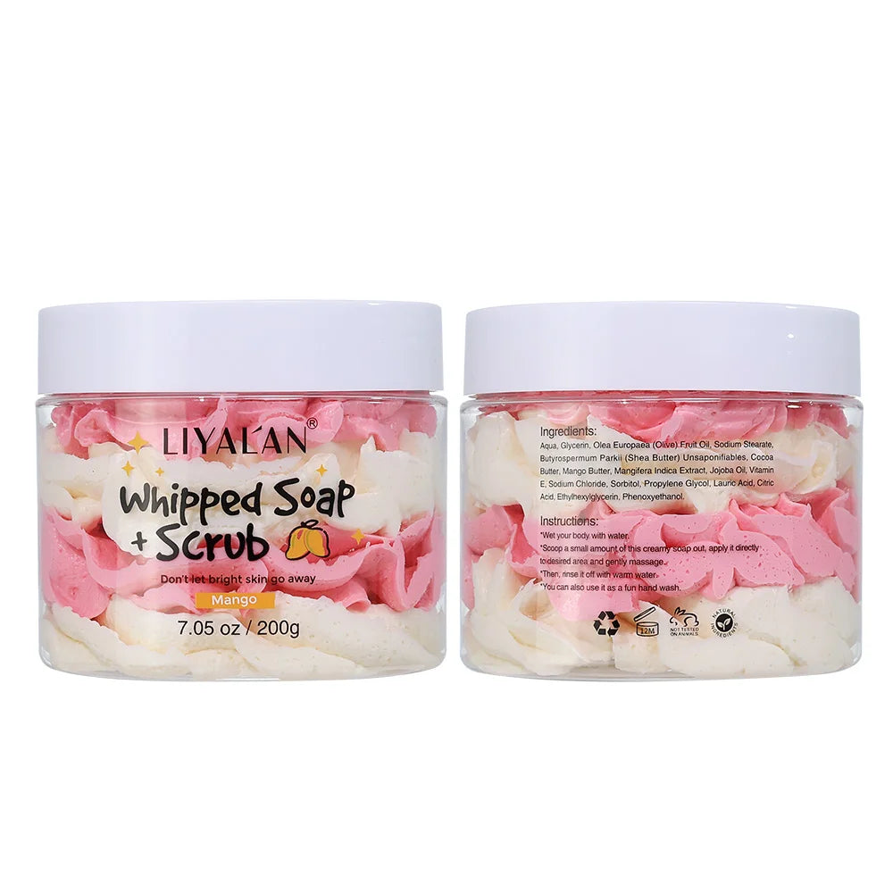 Mango whipped soap and scrub in a clear 200g plastic jar with white lid, featuring pink and white swirling cream.