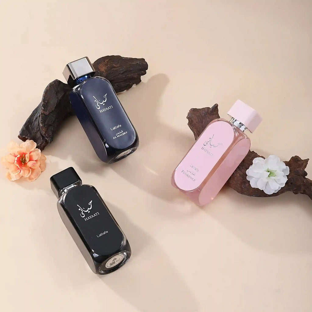 Lattafa Hayaati collection: sleek rectangular cologne bottles for men and women, long-lasting Middle Eastern fragrances.
