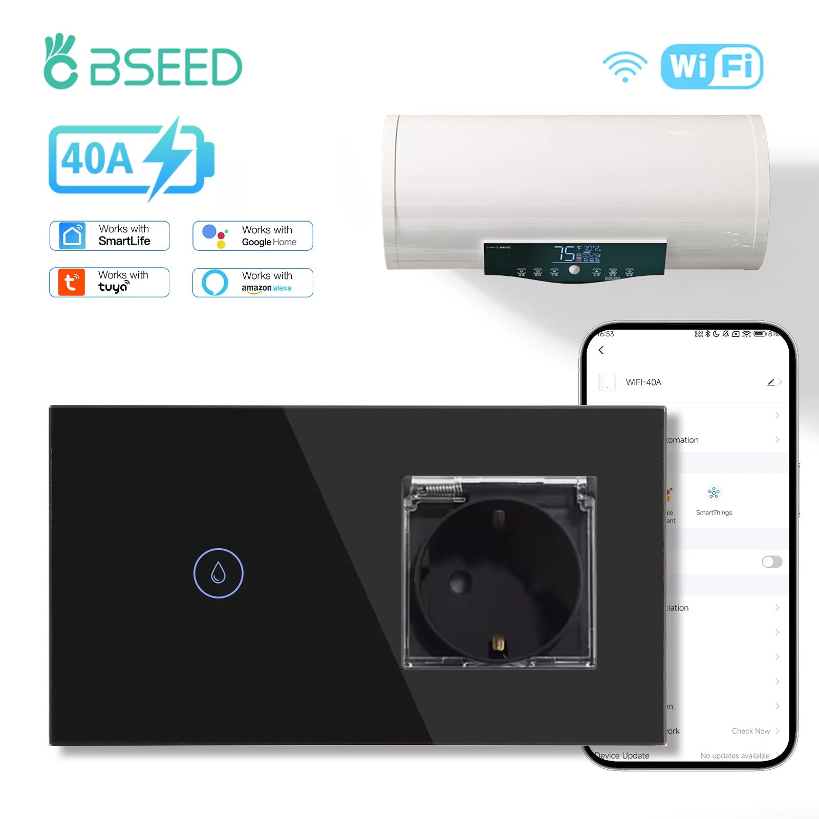 BSEED Wifi Smart Water Heater Switches Touch Boiler Switches 40A Plus EU Waterproof Socket For Kitchen Batroom Tuya Smart Life
