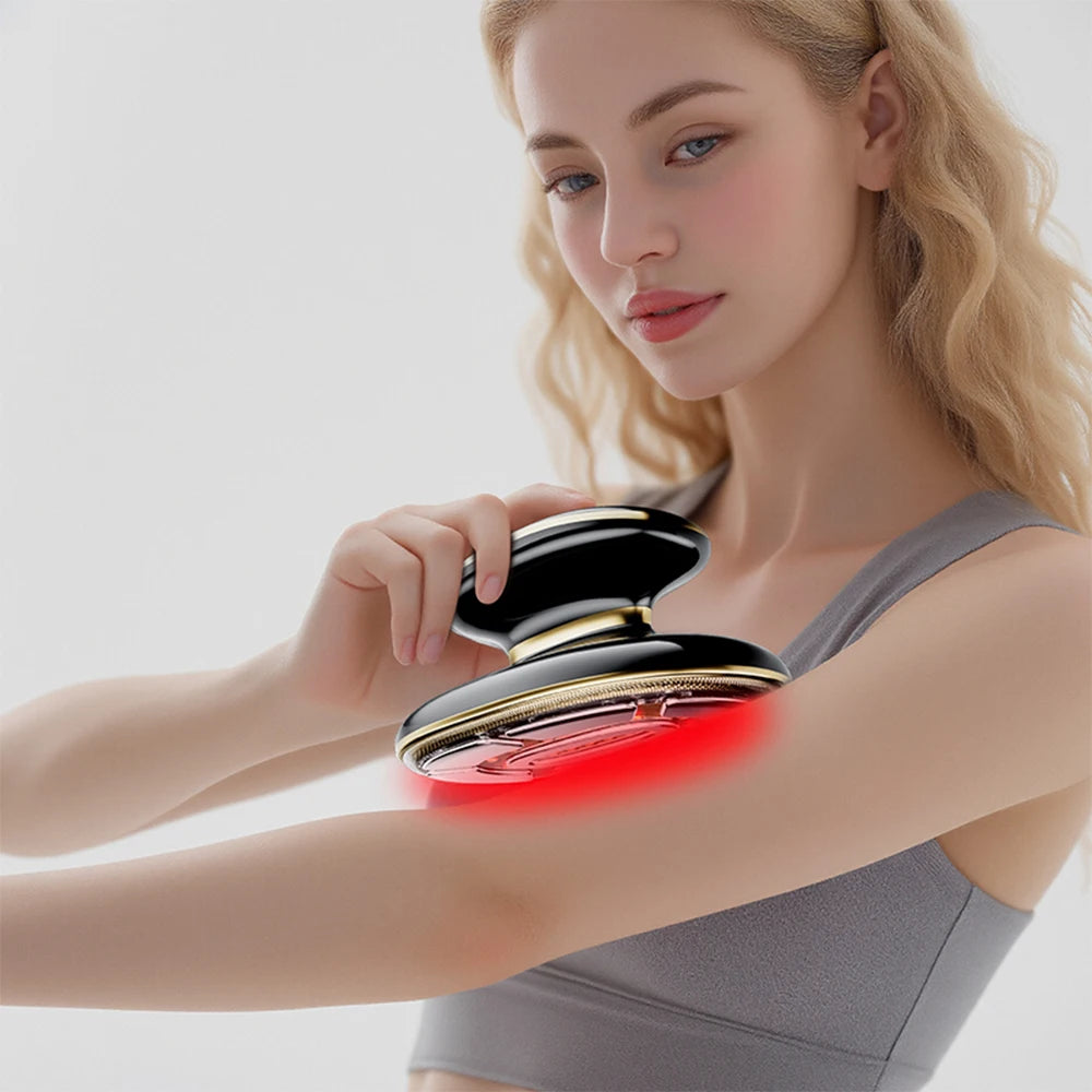 Woman using a black and gold 4-in-1 cordless EMS RF body sculpting massager on arm for cellulite reduction.