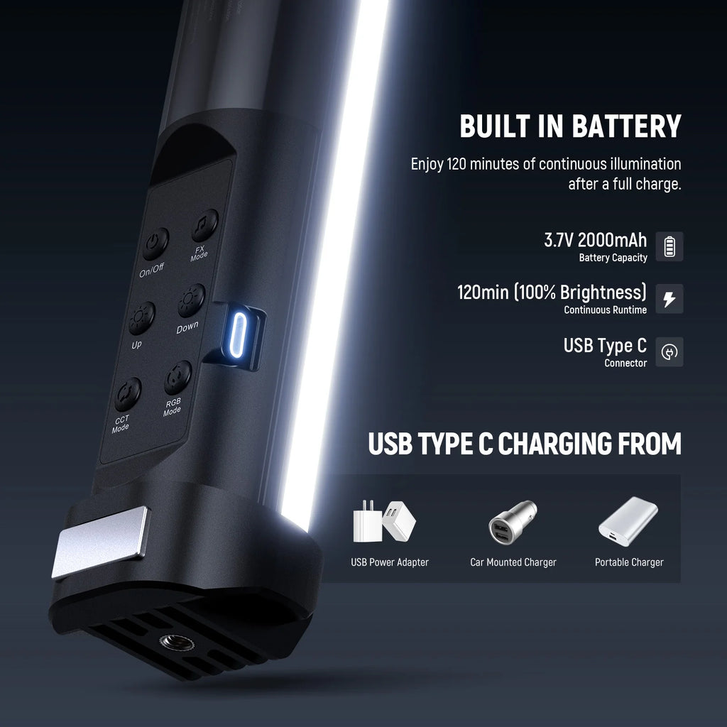 Black handheld LED light wand with control buttons, USB-C port, and 2000mAh battery for photography lighting.